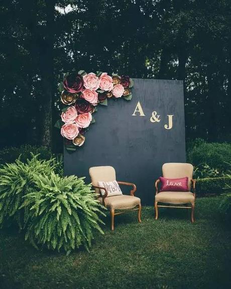 wedding decor trends black paper wall with flowers amber phinisee