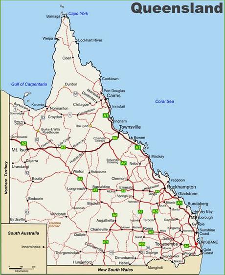 It covers total area of 715,309 sq mi and has estimated population of 4,516,361(census 2010). Queensland highway map