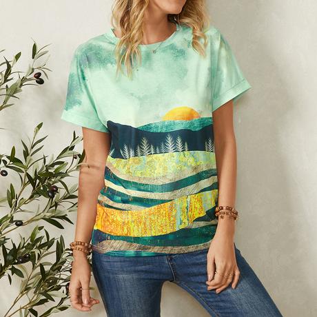 Landscape Print Loose O-neck Short Sleeve Casual T-Shirt For Women