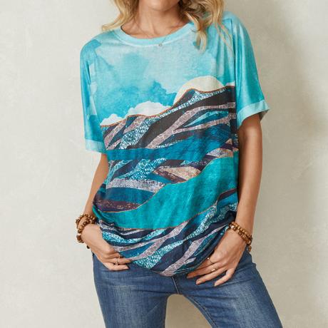 Landscape Print Short Sleeve O-neck Casual T-Shirt For Women