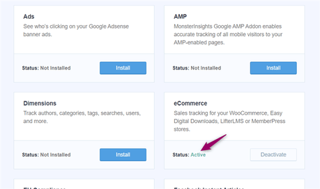monsterinsights ecommerce addon activated