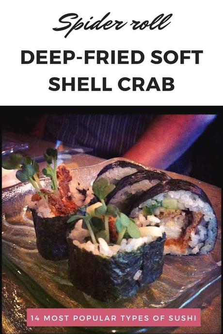 Spider roll soft shell crab sushi on a plate in a restaurant