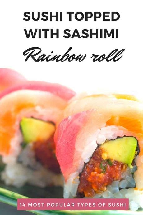 Closeup of a few pieces of rainbow roll sushi
