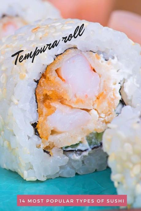 Closeup of a tempura shrimp sushi roll with sesame seeds