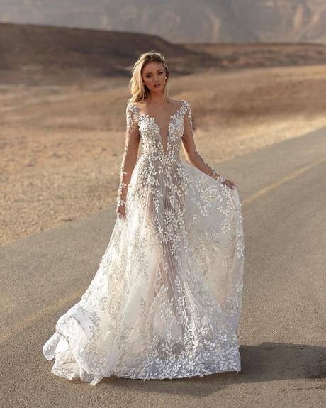 hottest wedding dresses a line with illusion long sleeves deep neckline sexy dimitrius dalia
