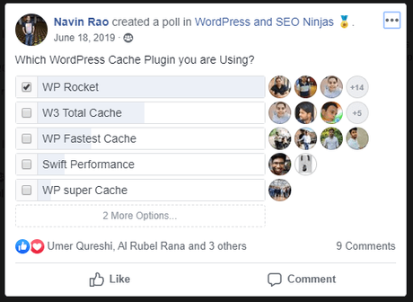WP Rocket Vs Swift Performance: Which Is Best Cache Plugin? wp rocket facebook poll result