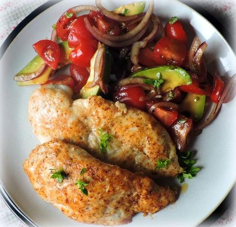 PARMESAN CHICKEN WITH AN AVOCADO & TOMATO SALAD