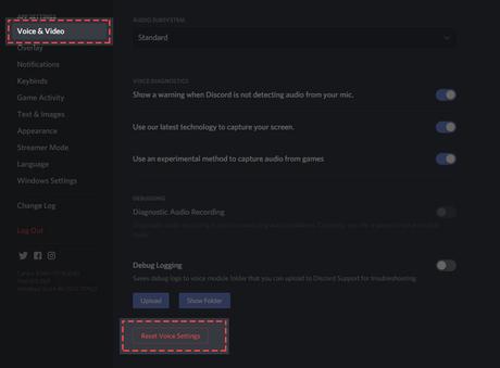 Reset voice settings in Discord