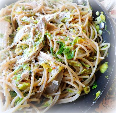 SPAGHETTI WITH ROASTED CHICKEN & SHREDDED SPROUTS