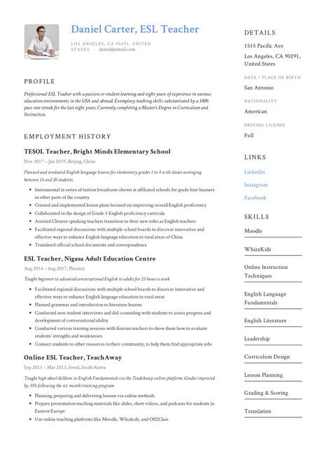 ESL Teacher Resume Sample & Writing Guide | Resumeviking.com