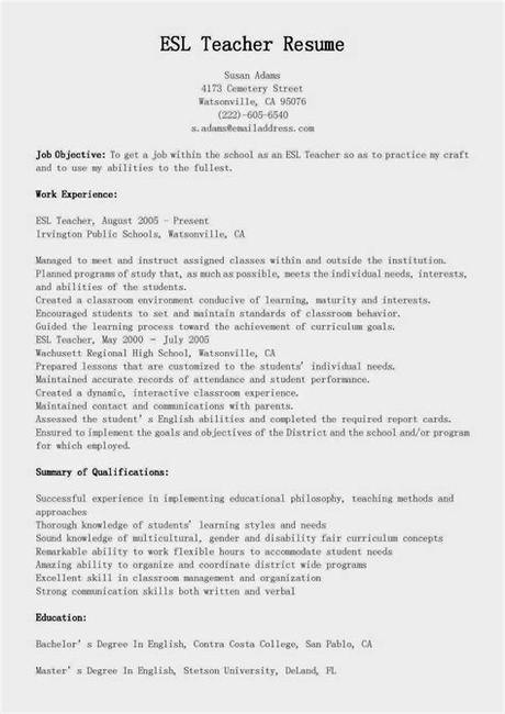 Resume for teaching job with no experience example part time cv with no work experience. Resume Samples: ESL Teacher Resume Sample