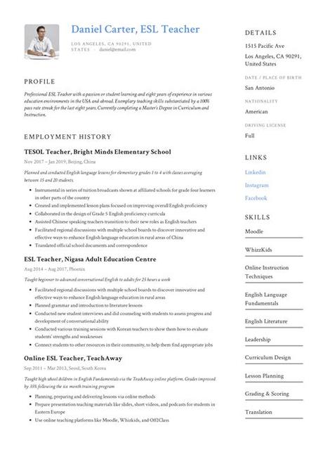 The trick to writing a cv with no experience is finding creative ways show you have the transferable skills needed to make you a fantastic hire. ESL Teacher Resume Sample & Writing Guide | Resumeviking.com