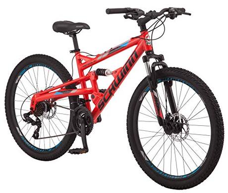 Schwinn Protocol 1.0 Mens and Womesn Mountain Bike, 26-Inch Wheels, 24-Speed Drivetrain, Lightweight Aluminum Frame, Full Suspension, Red/Blue