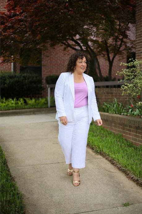 Talbots Linen Pantsuit: White with Lavender