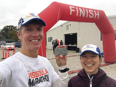 Mike Sohaskey & Katie Ho finish line selfie at the Kansas Rails-to-Trail Fall Ultra Extravaganza