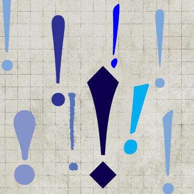 Assorted exclamation marks in varied typefaces and shades of blue, on a squared paper background.