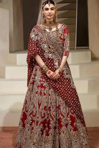 Best Nikah Dress – Red Front Open Gown Inner Ivory Lehenga Maxi