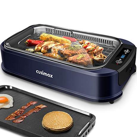 Indoor Grill Electric Grill Griddle CUSIMAX Smokeless Grill, Portable Korean BBQ Grill with Turbo Smoke Extractor Technology, Non-stick Removable Plates, Dishwasher-Safe, Tempered Glass Lid,1500W