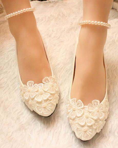 Flowers Pearls Flat Bridal Wedding Shoes with Ankle Straps