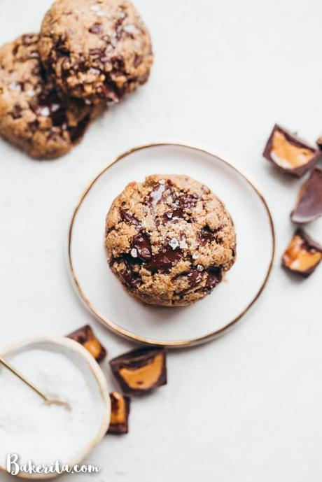 You need to try these delicious Peanut Butter Chocolate Chip Cookies - they're full of chopped up mini peanut butter cups that we fold into the dough along with the dark chocolate chunks! You'll love these gluten-free, grain-free, refined sugar-free, and vegan cookies. 