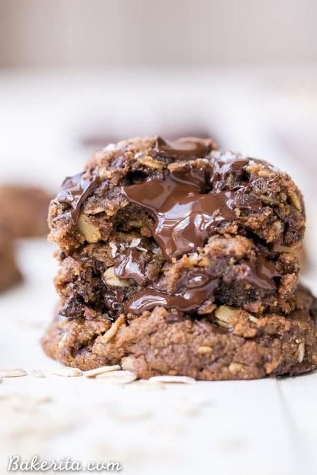 These Oatmeal Chocolate Chip Cookies are gooey in the center with crispy edges and big chocolate chunks, just as the best cookies are! These delicious cookies are gluten-free, refined sugar free, and vegan.