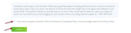 Agree to the Terms and Conditions and Complete your BlueHost Hosting Signup