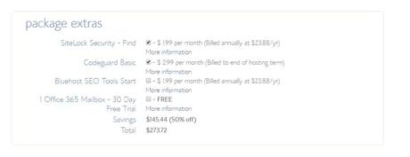 Choose the BlueHost Hosting Package extras