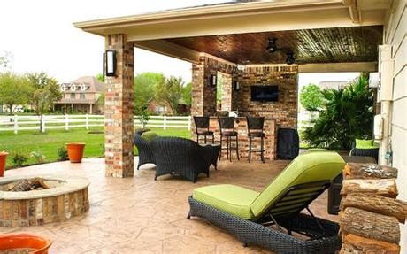 Design your patio to showcase your outdoor fireplace beside your pool for that old fire & water contrast. Patio Cover & Outdoor Kitchen in Pearland Estates - Texas ...