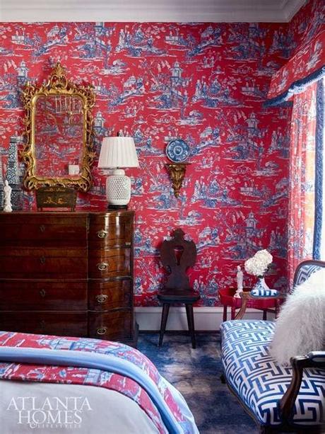 Our collection of toile wallpapers features artistic patterns and prints with nature and nautical themes in the french fabric style with a modern take. red-white-blue-toile-wallpaper-fabric-curtains-thibaut ...