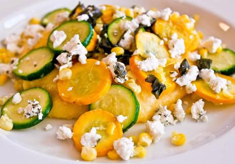 Corn and Goat Cheese Polenta with Garlicky Summer Squash