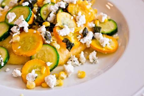 Corn and Goat Cheese Polenta with Garlicky Summer Squash