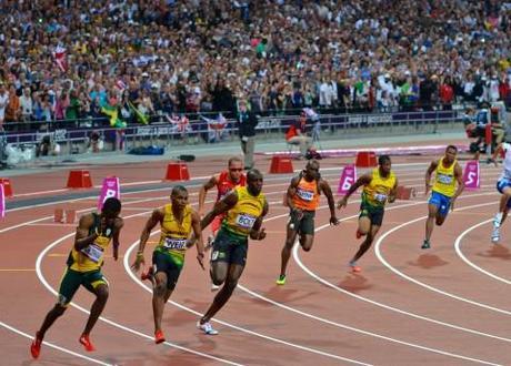 Usain Bolt in lane 7 at the start of the 200m men's sprint at London 2012.