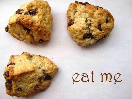 Three chocolate buttermilk scones, and text saying 'eat me'.