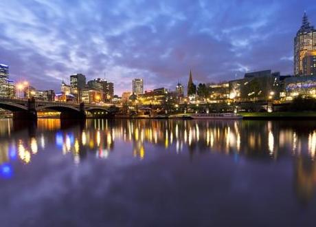 Melbourne, Australia, viewed over the Yarra River at dusk.