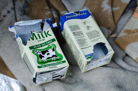 milk cartons with holes eaten in them