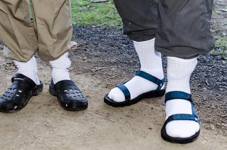teva sandals and croc shoes with knee high white socks
