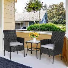 Practical solutions to your small patio woes. Amazon Com Vongrasig 3 Piece Porch Furniture Sets Small Outdoor Black Wicker Rattan Patio Bistro Set Cushioned Patio Chairs Set Of 2 W Glass Table For Lawn Garden Backyard Patio Conversation Set Gray Garden