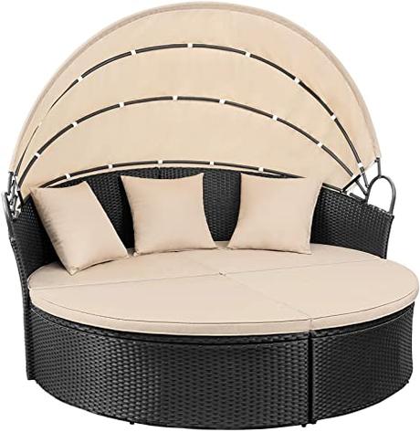 Amazon Com Devoko Patio Furniture Outdoor Round Daybed With Retractable Canopy Wicker Rattan Separated Seating Sectional Sofa For Patio Lawn Garden Backyard Porch Pool Kitchen Dining