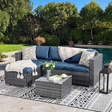 In a rainy region, resin furniture holds up well and comes in multiple designs to match any style. Amazon Com Walsunny Outdoor Furniture Patio Sets Low Back All Weather Small Rattan Sectional Sofa With Tea Table Washable Couch Cushions Upgrade Wicker Aegean Blue Garden Outdoor