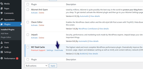 deactivate w3 total cache