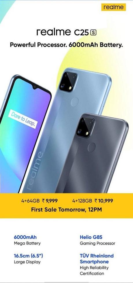 Realme C25s launched with MediaTek helio G85 SoC, 6000mah battery & 13MP triple rear camera: Specs, Price