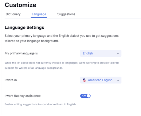 grammarly language selection