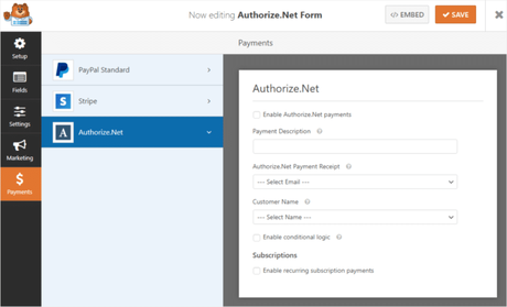 authorize.net addon settings