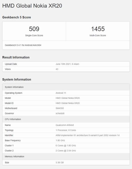 Nokia XR20 spotted with Qualcomm Snapdragon 480 SoC and Android 11 on Geekbench listing