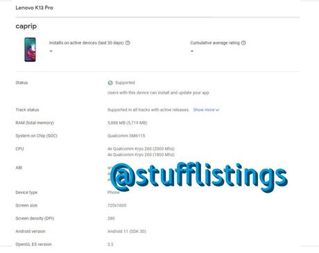 Lenovo K13 Pro with Snapdragon 662 chipset, 6GB RAM, and Android 11 spotted on Google Play Console listing