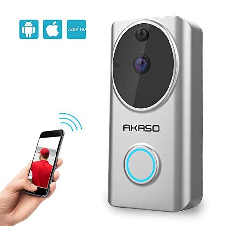 AKASO Video Doorbell Wireless 720P, WiFi Smart Doorbell Camera Compatible with Alexa, Motion Detection, 166° Viewing Angle, Two-Way Audio, Cloud Storage, Night Vision