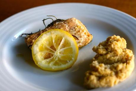 baked arctic char + garbanzo cauliflower mashed potatoes