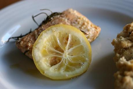 baked arctic char + garbanzo cauliflower mashed potatoes