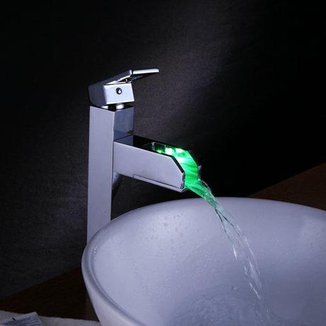 Modern Single Handle Waterfall LED Bathroom Vessel Sink Faucet, Chrome
