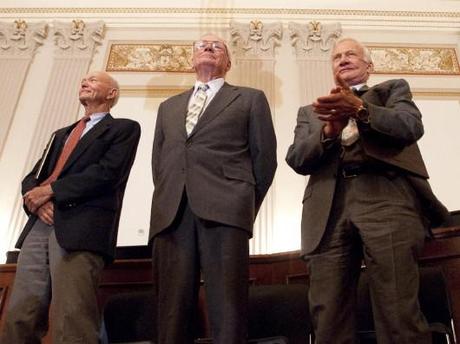 Apollo 11 astronauts, Michael Collins, Neil Armstrong and Buzz Aldrin at a recognition cer...